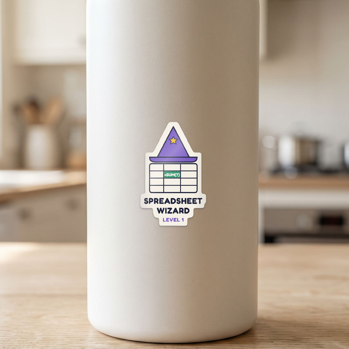 Spreadsheet Wizard, Level 1 sticker on a white drink bottle