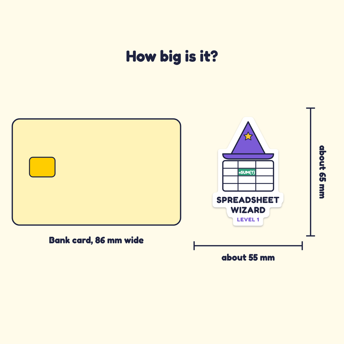 Spreadsheet Wizard, Level 1 sticker next to a bank card for size