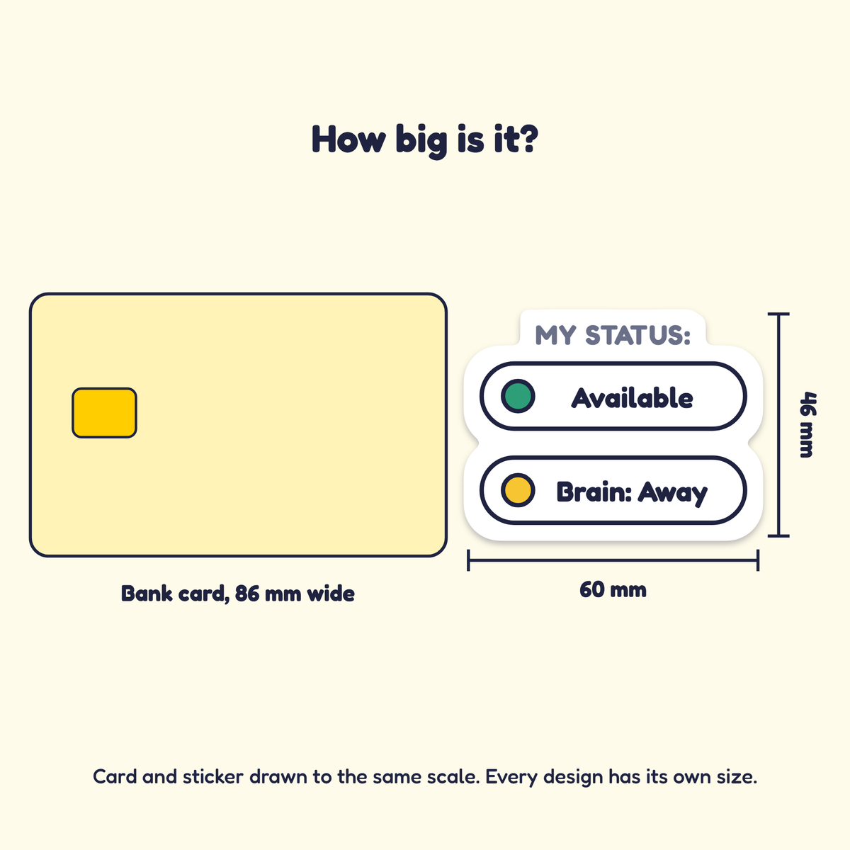 Status: Available. Brain: Away. sticker next to a bank card for size