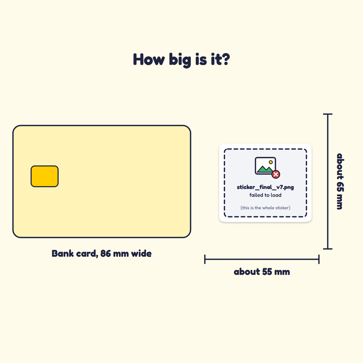 Sticker Failed to Load sticker next to a bank card for size