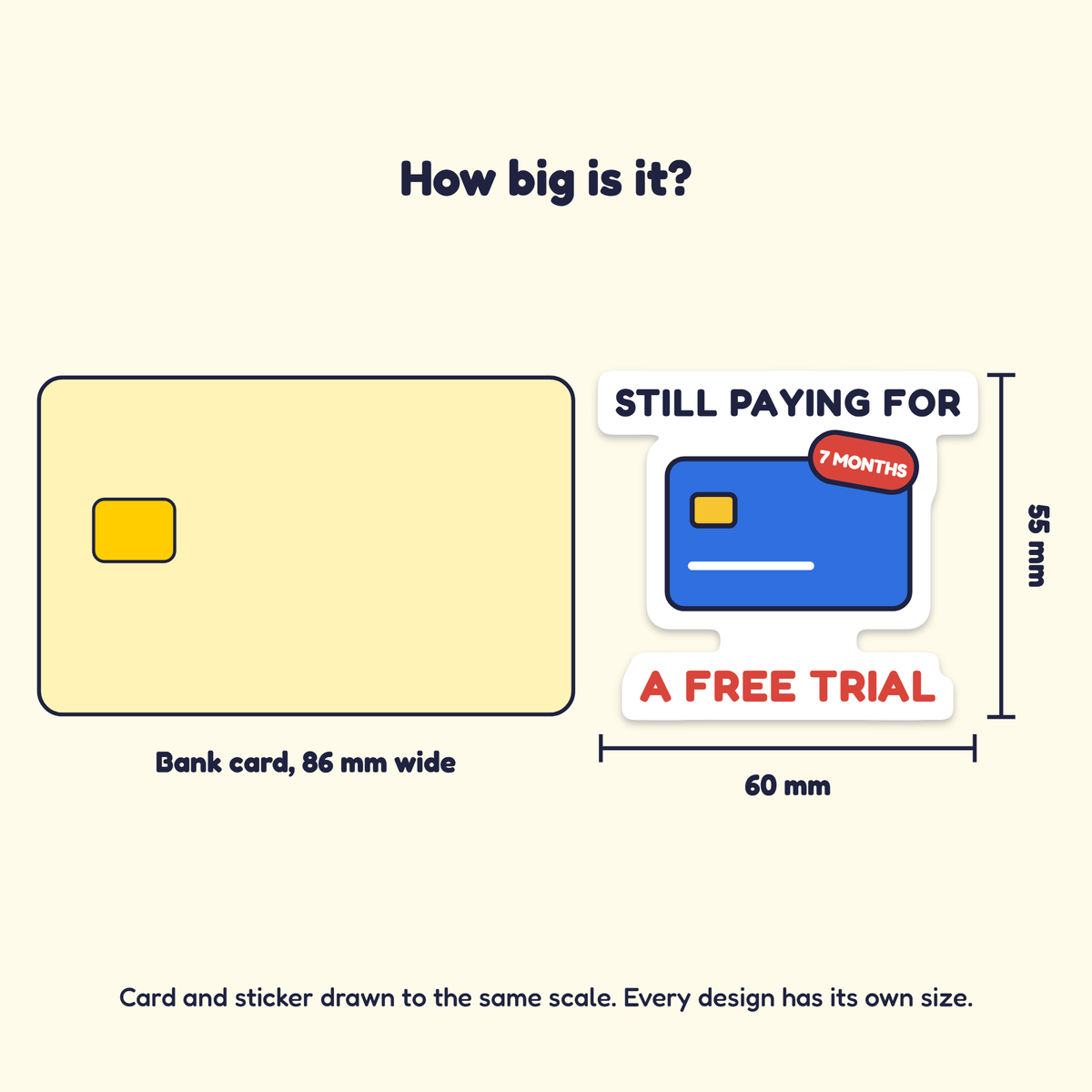 Still Paying for a Free Trial sticker next to a bank card for size