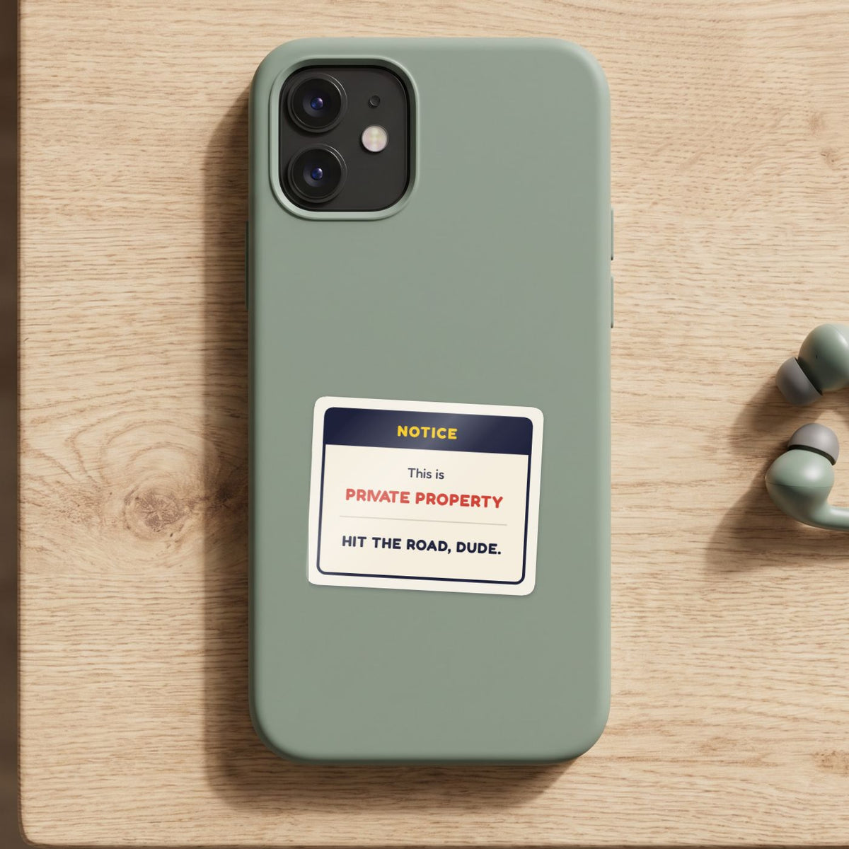 This Is Private Property sticker on a green phone case
