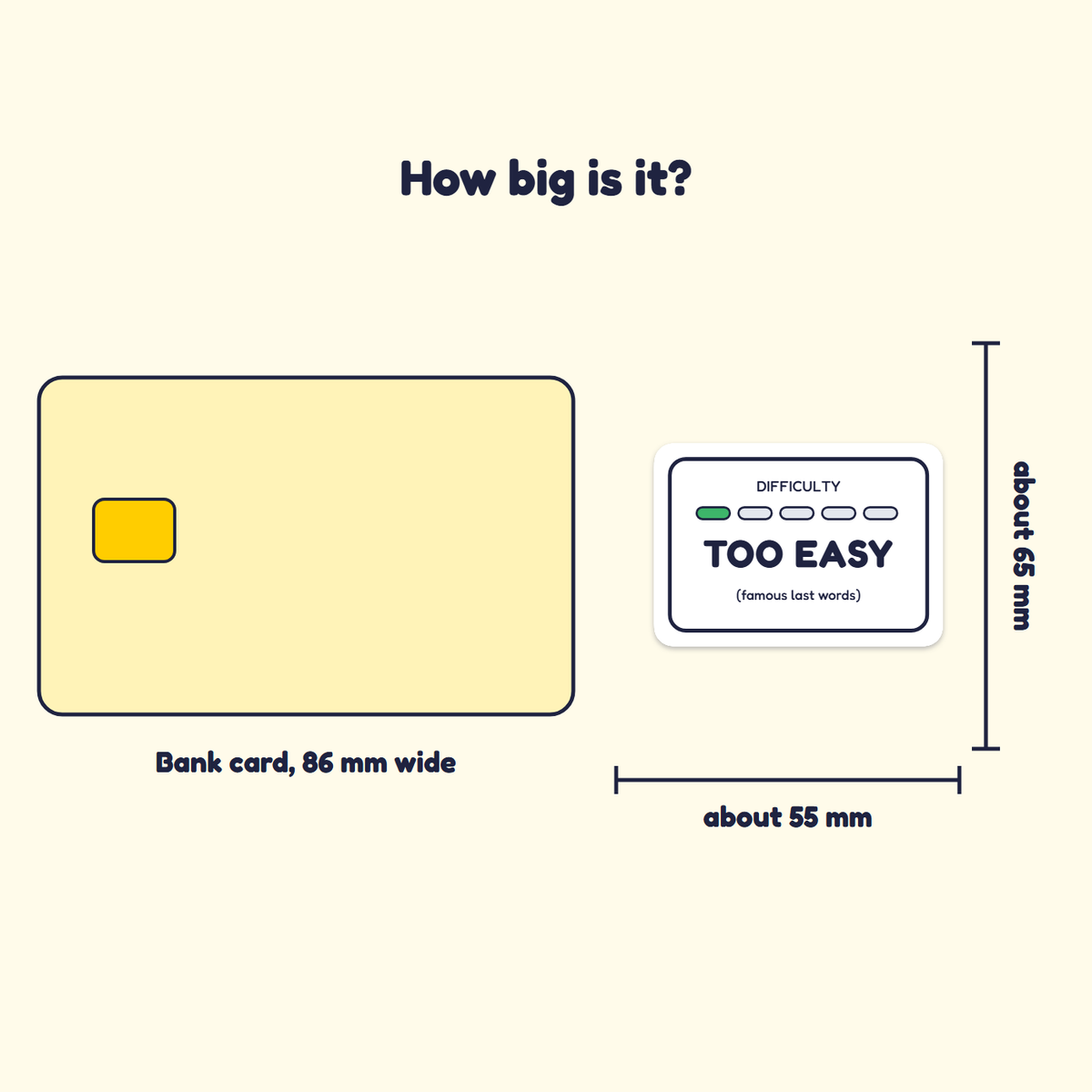 Too Easy sticker next to a bank card for size