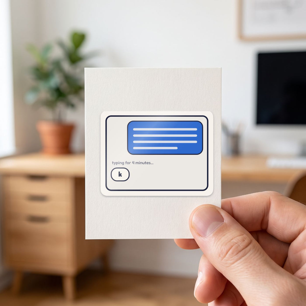 Typing for 4 Minutes: k sticker held in a hand on its white backing card