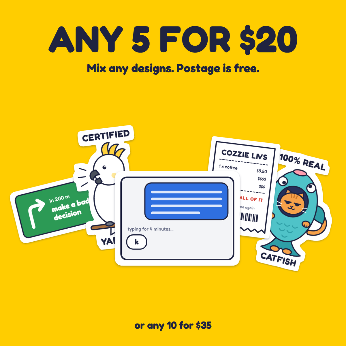 Typing for 4 Minutes: k sticker in a pack of five for $20