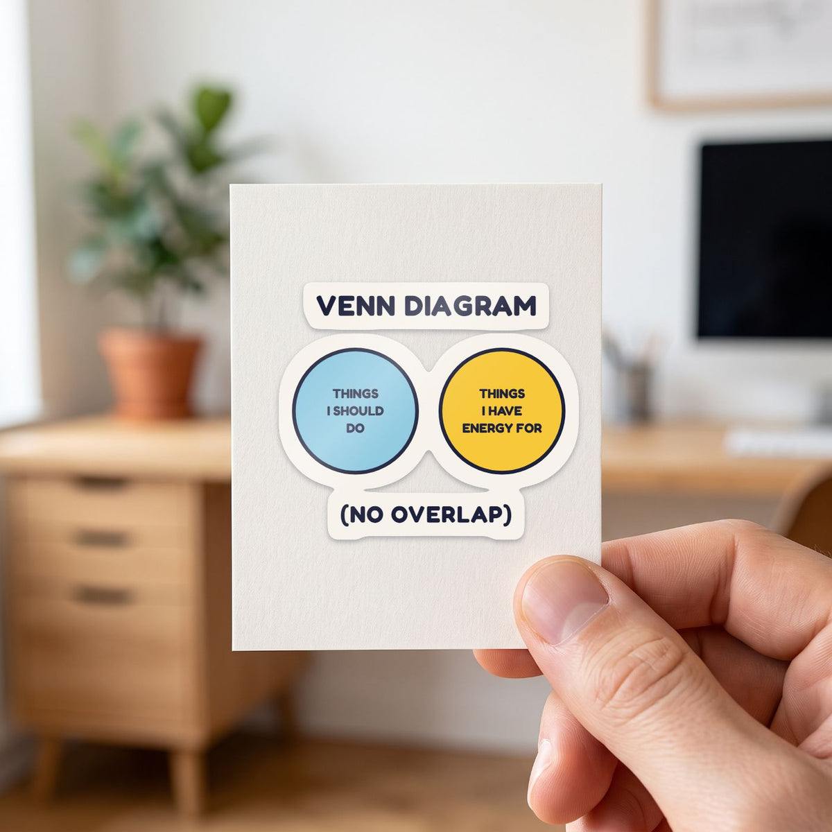 Venn Diagram: No Overlap sticker held in a hand on its white backing card