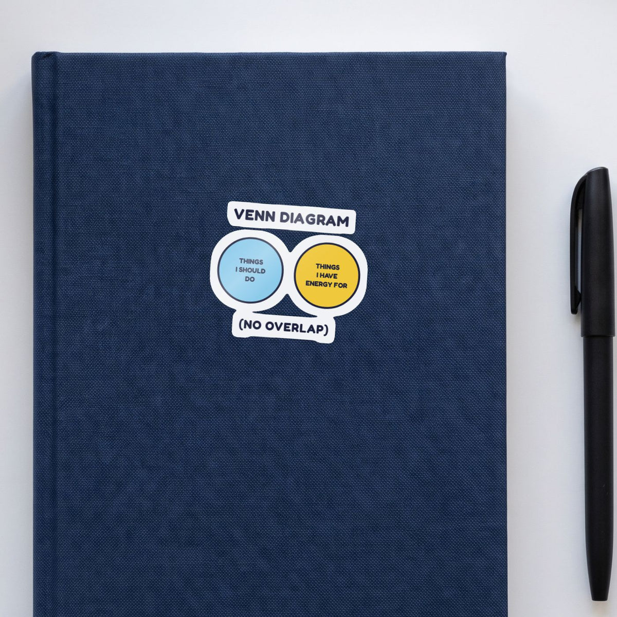 Venn Diagram: No Overlap sticker on a navy notebook