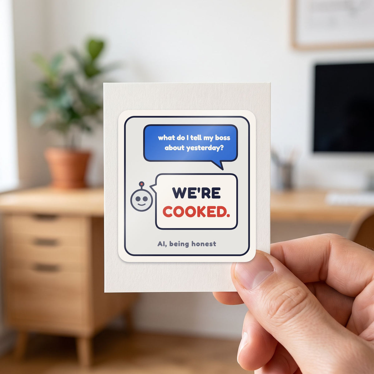 We're Cooked sticker held in a hand on its white backing card