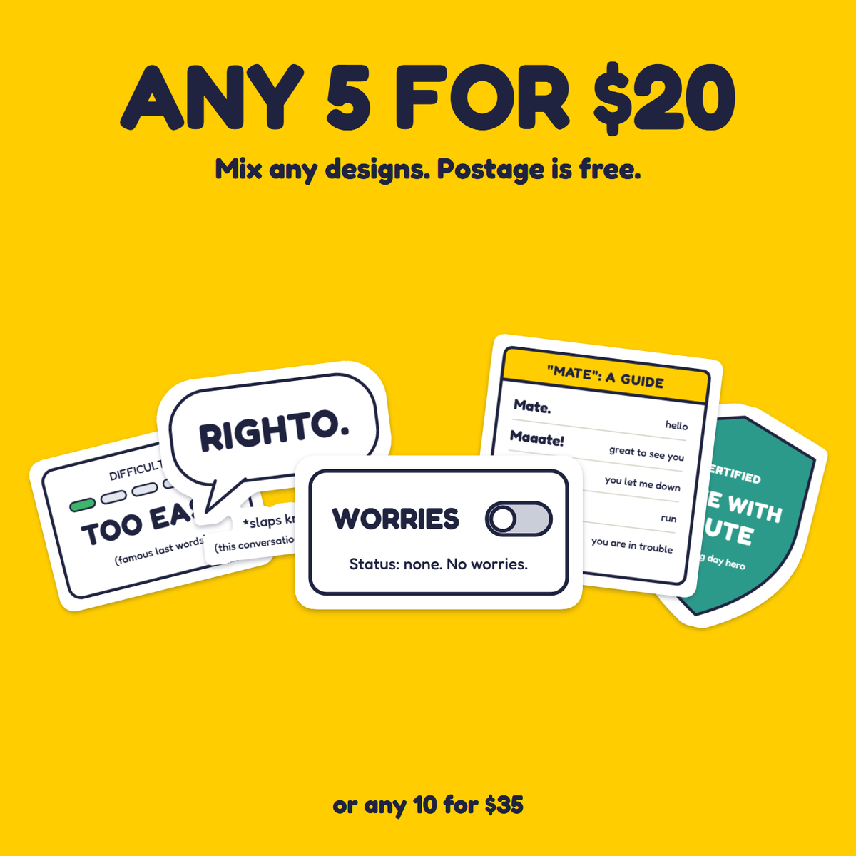 Worries: Off sticker in a pack of five for $20