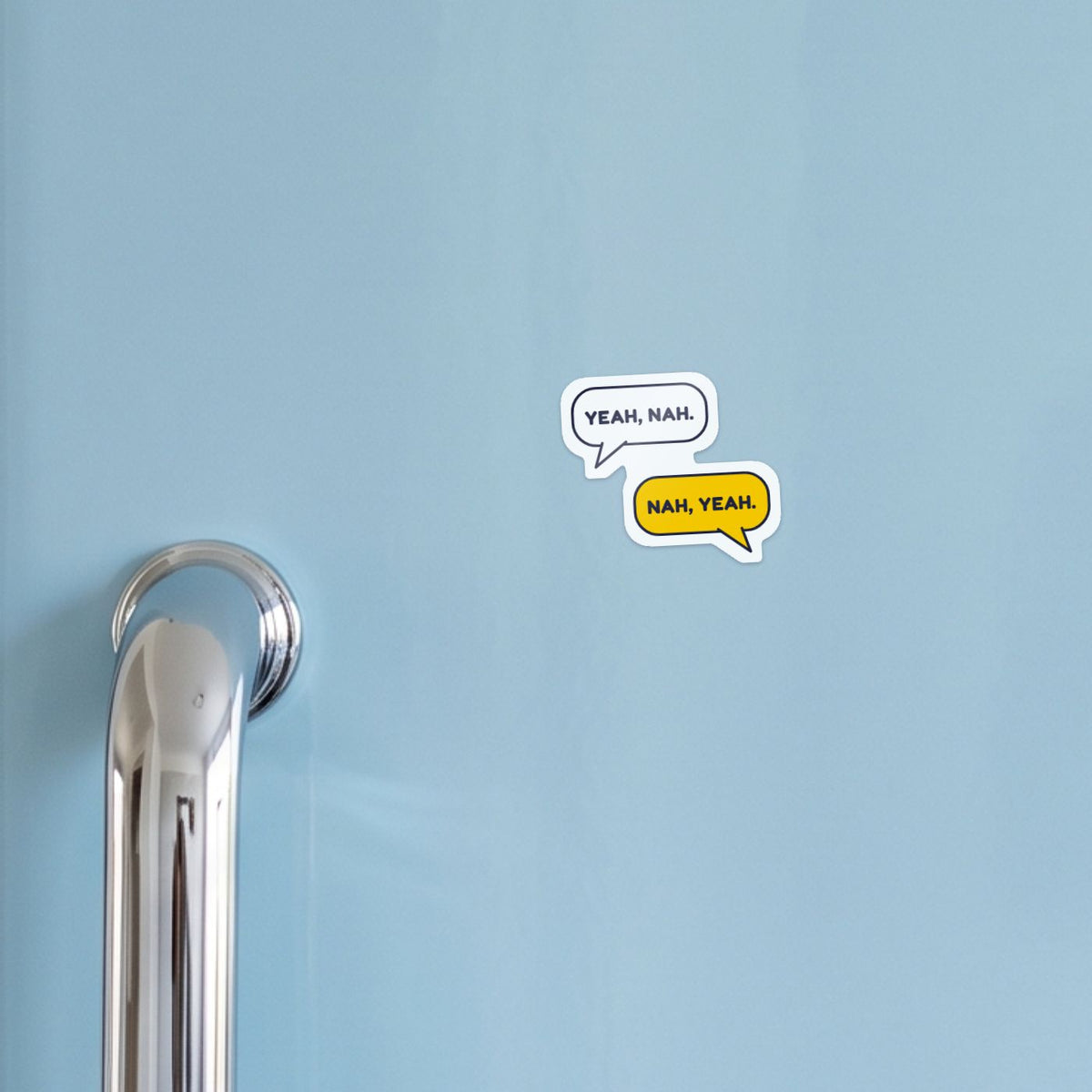 Yeah, Nah. Nah, Yeah. sticker on a blue fridge door