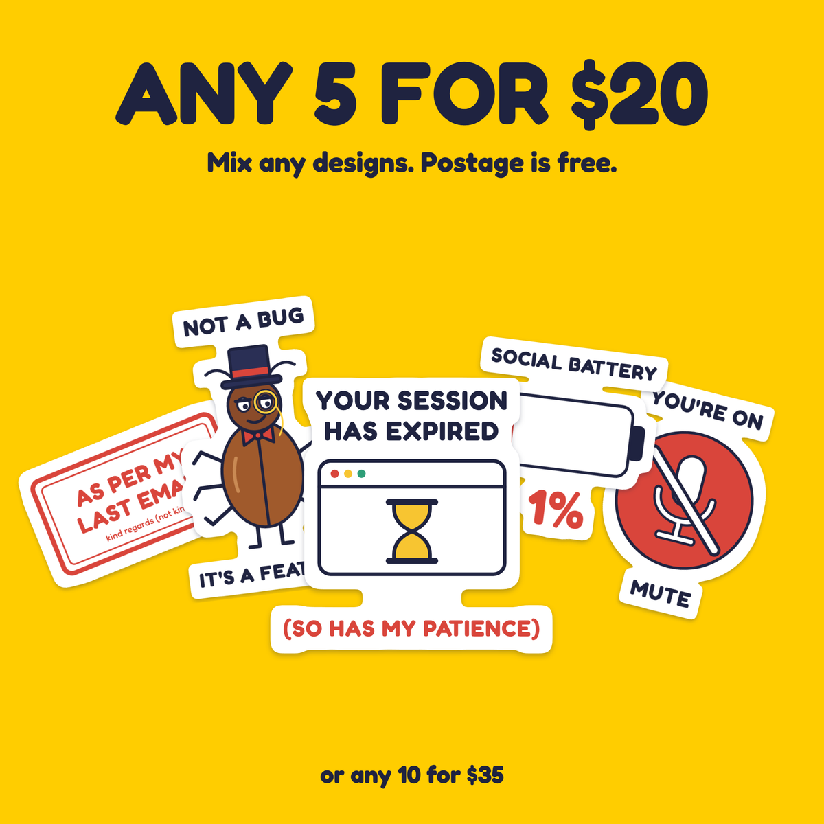 Your Session Has Expired sticker with the any 5 for $20 offer