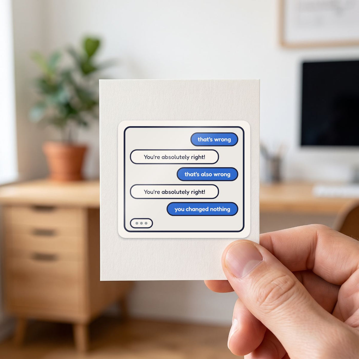 You're Absolutely Right! sticker held in a hand on its white backing card