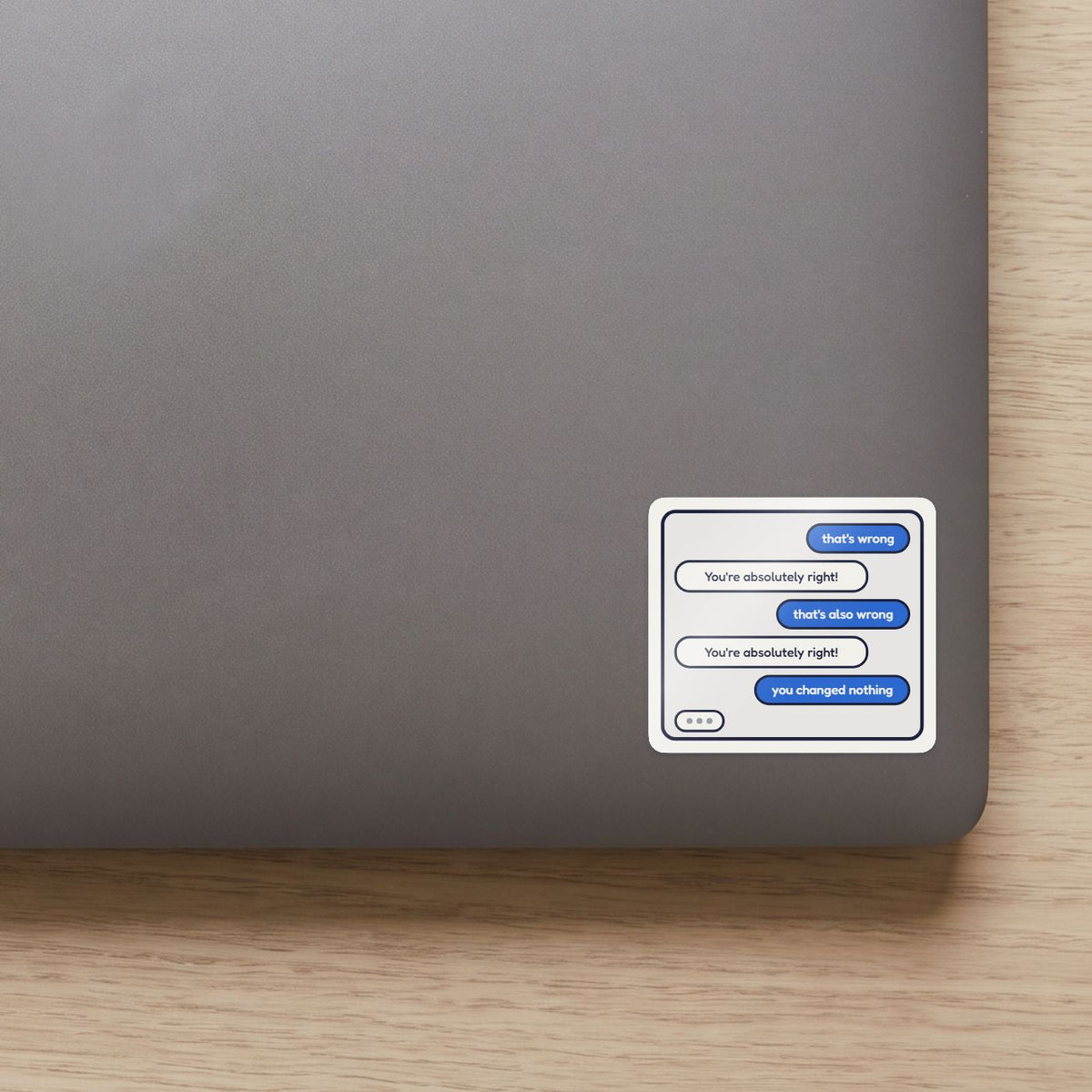 You're Absolutely Right! sticker on the lid of a grey laptop